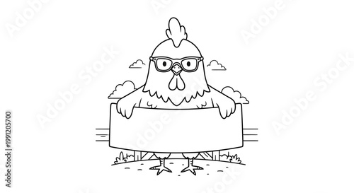A cartoon chicken wearing glasses holds a blank sign in front of a fence and clouds.