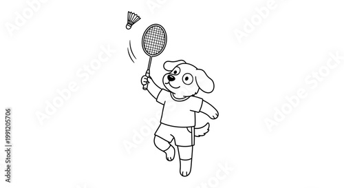 A cartoon dog in athletic wear is playing badminton, hitting a shuttlecock with a racket.