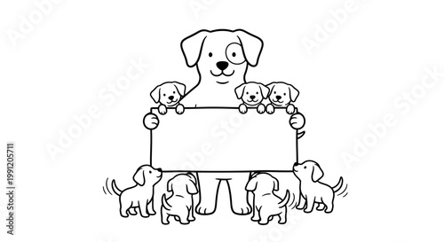 A heartwarming illustration of a mother dog holding a blank sign with her playful puppies surrounding her, happy mother's day.