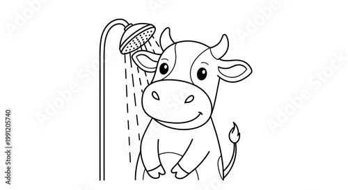 A cute cartoon cow taking a shower under a shower head with water falling down.