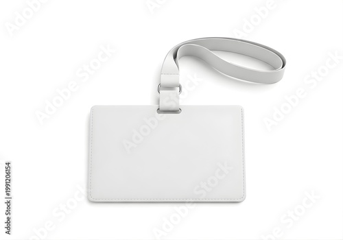 Isolated blank horizontal ID badge holder with white lanyard, professional pass tag for access control, staff identification, corporate security