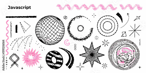 Abstract javascript doodles shapes lines and pink accents on white