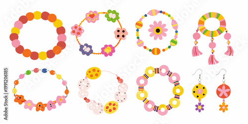 Colorful handmade jewelry collection featuring bracelets and earrings displayed neatly