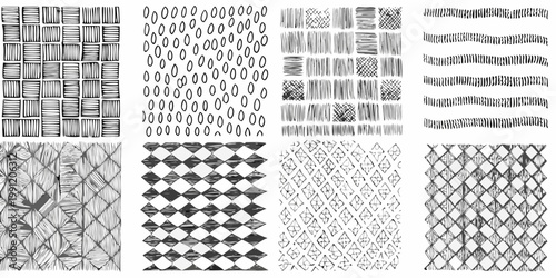 Collection of hand drawn patterns and textures in black and white