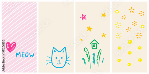 Colorful childlike drawings featuring hearts cats stars and grassy fields
