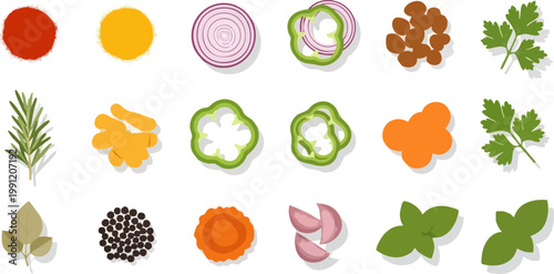 Fresh vegetable slices and herbs vector set, flat culinary ingredients collection, organic food icons for recipe design and cooking menus
