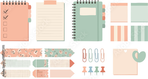 Pastel stationery set with notebooks and planner stickers, aesthetic office supplies collection, cute scrapbooking elements in peach and mint green