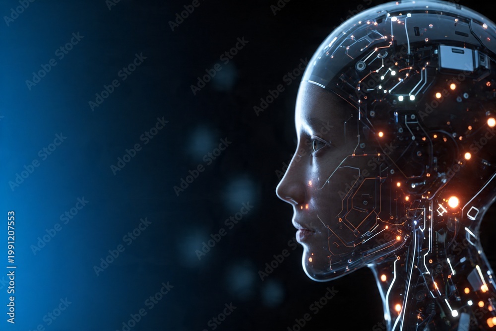Obraz premium Futuristic AI Robot Head Profile Artificial Intelligence Concept
