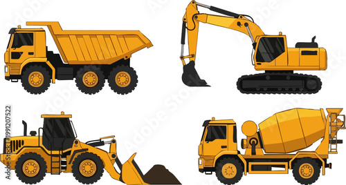 Heavy construction vehicles set with 4 yellow vector icons, industrial machinery collection including excavator and dump truck, concrete mixer and bulldozer