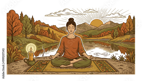 Serene woman meditating in nature landscape.
