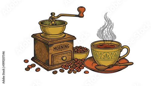 A coffee grinder and a cup of coffee.