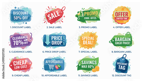 Collection of discount and sale labels.