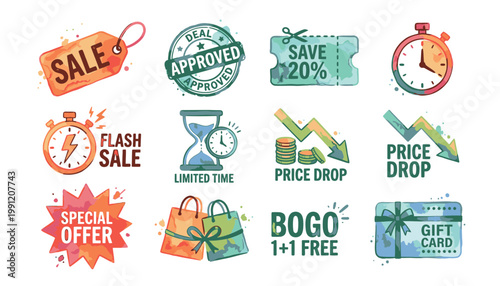 Collection of sale and discount stickers.