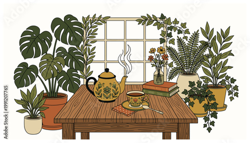 Cozy indoor scene with plants and tea.