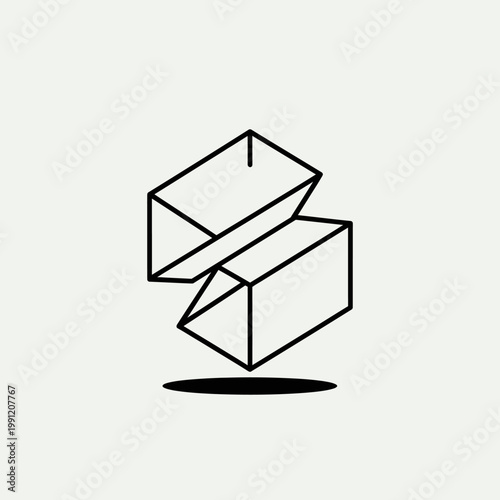 Abstract geometric line art illustration of two interlocking rectangular prisms, minimalist 3D shape design, modern linear concept.