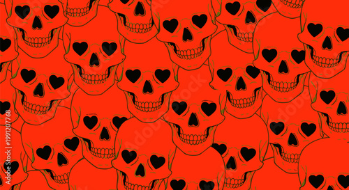 Gothic skull pattern with heart eyes, red aesthetic human skulls background, edgy romantic vector illustration for textile and wallpaper