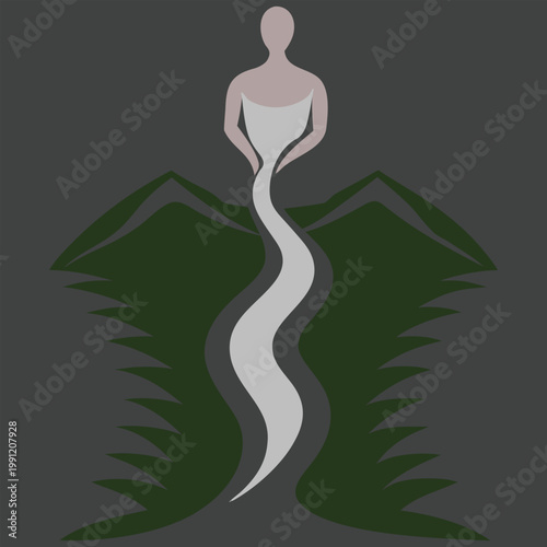 Mystical figure emerging from a split mountain with winding path between green foliage