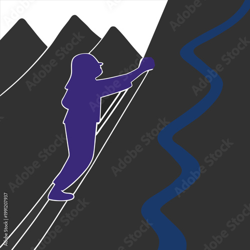 Climber ascending a steep snowy mountain slope with a rope for safety