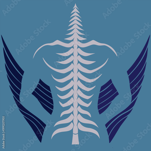 A stylized depiction of a human ribcage with bat wings integrated into the shoulder blades