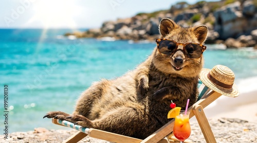 Quokka wearing sunglasses relaxing in lounge chair on tropical beach. Animal on summer vacation drinking cocktail with fruit. Funny wildlife travel concept for holiday advertisement banner.