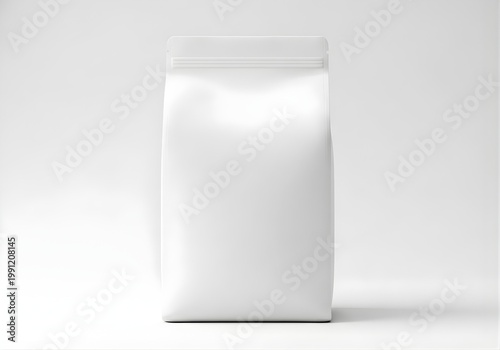 Isolated matte white coffee bag pouch packaging mockup for branding, food product design, retail shelf display, blank template