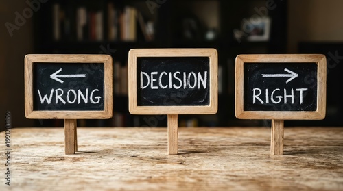Chalkboards with wrong decision and right with arrows symbolize choice on a wooden table