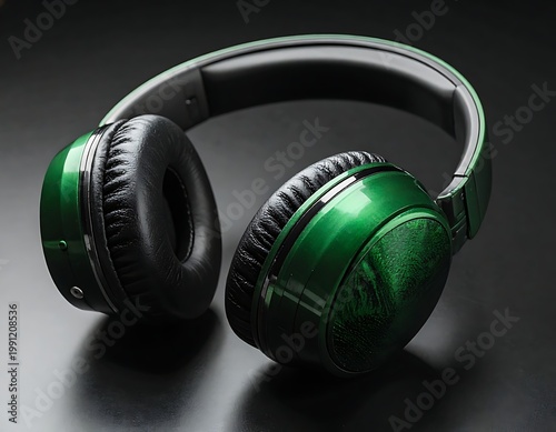 A pair of green and black over-ear headphones on a dark surface