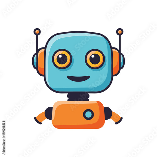 Cute Cartoon Robot Character, Friendly Blue And Orange Android AI Bot
