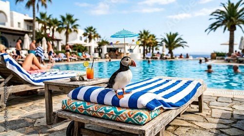 Puffin standing on a lounge chair by a swimming pool at a sunlit Mediterranean resort. Summer vacation concept with a bird enjoying holiday. Tropical travel and leisure destination.