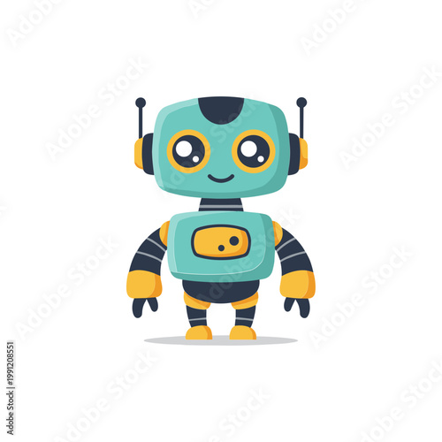 Cute cartoon robot character, friendly futuristic android with big eyes, AI technology concept