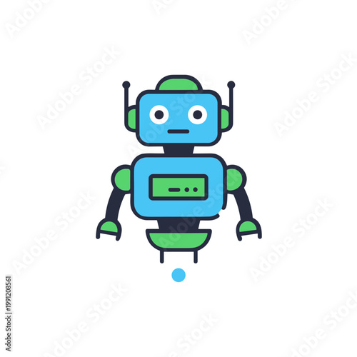 Cute cartoon robot flying, futuristic technology, AI, digital assistant, simple illustration