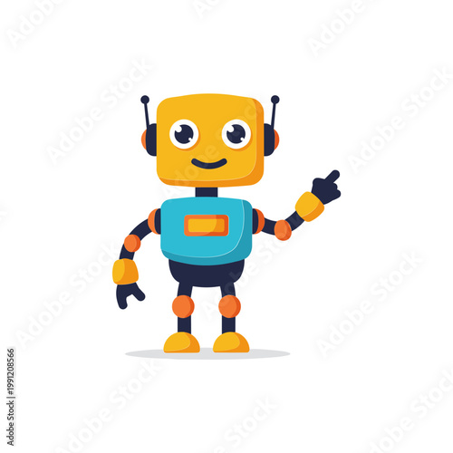 Cute cartoon robot pointing finger, friendly futuristic android character, isolated on white background