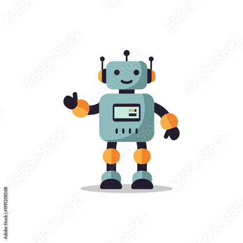 Cute Cartoon Robot Waving Hello, Friendly Android Character Illustration