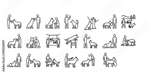 icon set collection of professional dog training, obedience coaching, canine behavior modification, pet teaching instructions, and owner bonding activities in flat line style.