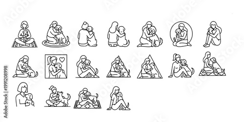 icon set collection of woman embracing dog, female pet owner affection, girl hugging puppy, heart bonding moments, and domestic animal care loyalty.