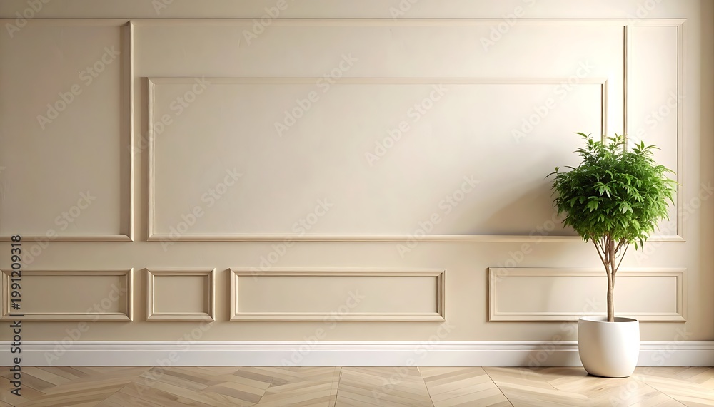 Fototapeta premium A potted tree stands against a beige wall