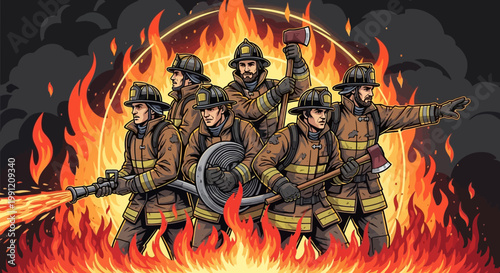 Firefighters in action battling flames.