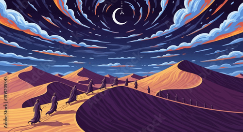 Vibrant desert landscape with swirling night sky.