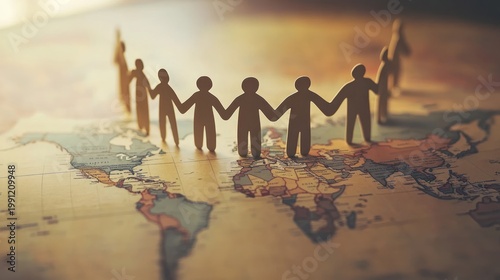 Paper People Holding Hands Around World Map