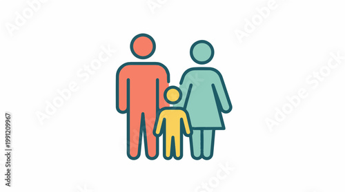 A colorful icon representing a family unit composed of a father, mother, and child, symbolizing togetherness and home