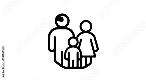 A stylized vector outline icon depicting a complete family unit with two parents and their child, representing togetherness, support, and the fundamental concept of kinship