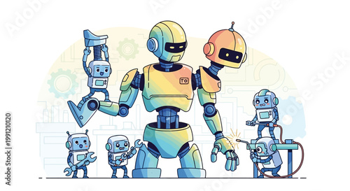 A group of colorful robots standing together.