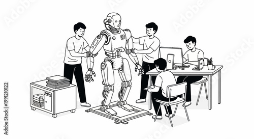 Engineers developing a humanoid robot.