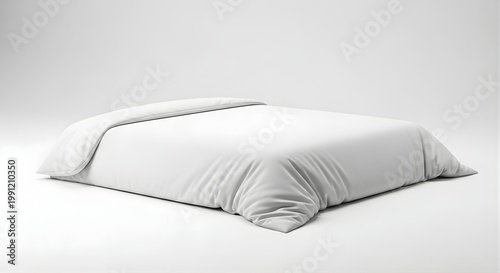 Isolated low bed with soft white duvet and bedding featuring draped fabric textures for home interior design mockups