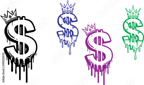 Graffiti dollar sign vector set with crown, dripping paint money symbol in urban street art style, colorful currency icons for hip hop apparel