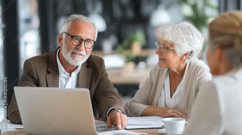 Obraz premium Financial advisor discussing retirement planning and financial security with senior couple at desk, focusing on savings, pension, and future stability