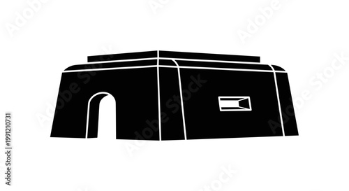 Black tent with white lines and door.