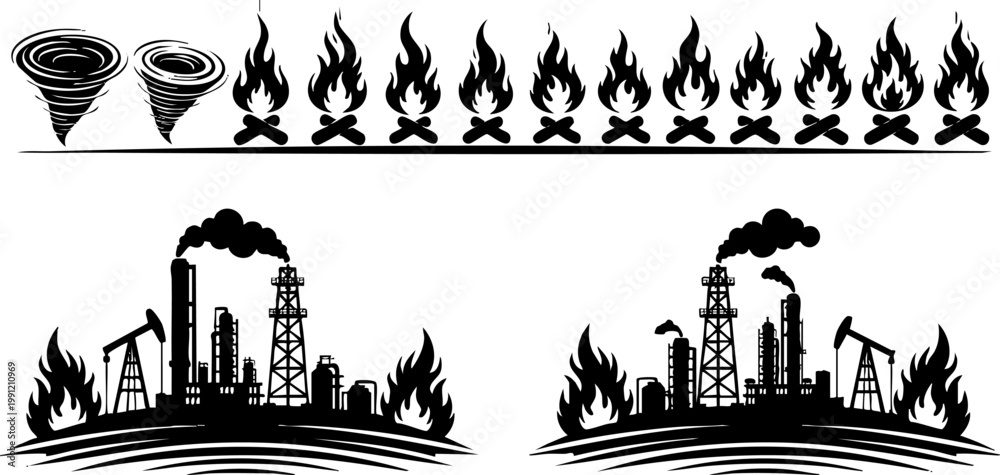 Fototapeta premium Industrial factory disaster vector set, burning oil refinery silhouettes with smoke, natural disaster icons featuring tornadoes and fire flames
