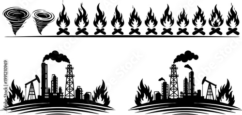 Industrial factory disaster vector set, burning oil refinery silhouettes with smoke, natural disaster icons featuring tornadoes and fire flames