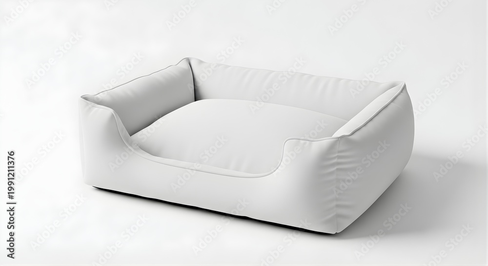 Fototapeta premium Isolated rectangular pet bed with plush white fabric, soft cushion for dogs and cats, comfortable resting furniture for home